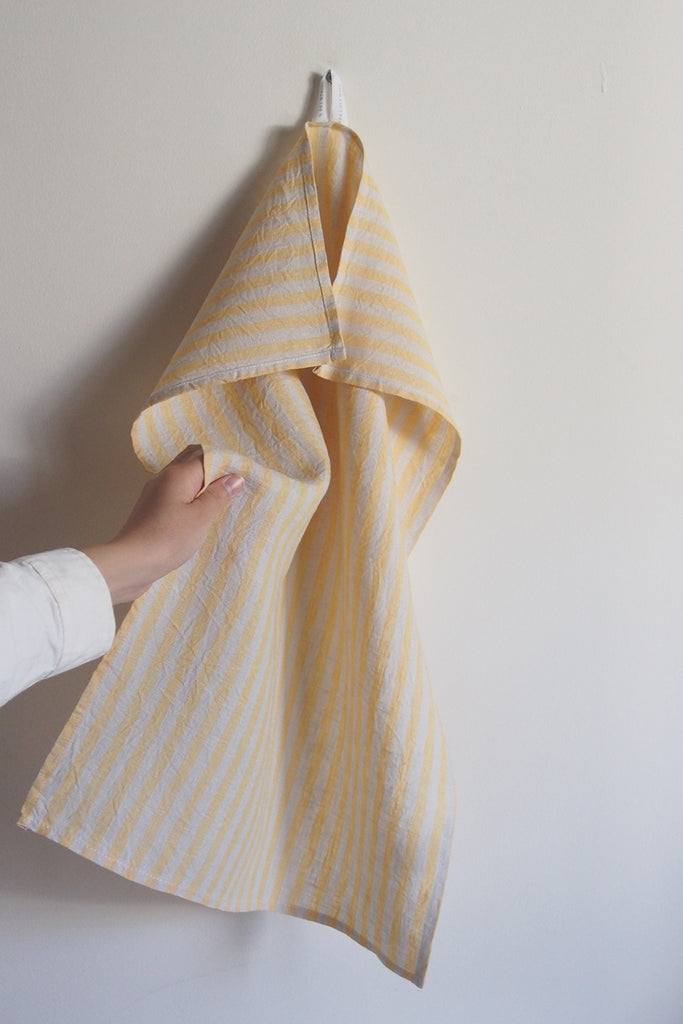 Fog Linen Work - Yellow Stripe Linen Tea Towel - Kura Studio