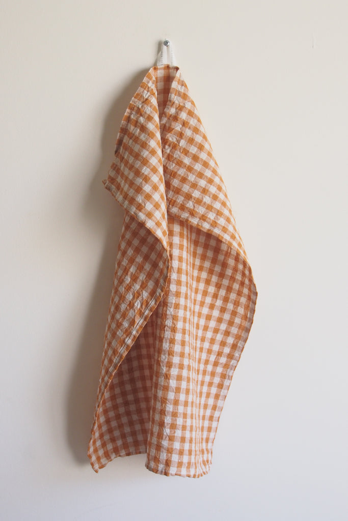 Fog Linen Work - Orange Gingham Linen Tea Towel - Kura Studio