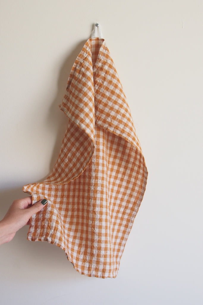 Fog Linen Work - Orange Gingham Linen Tea Towel - Kura Studio