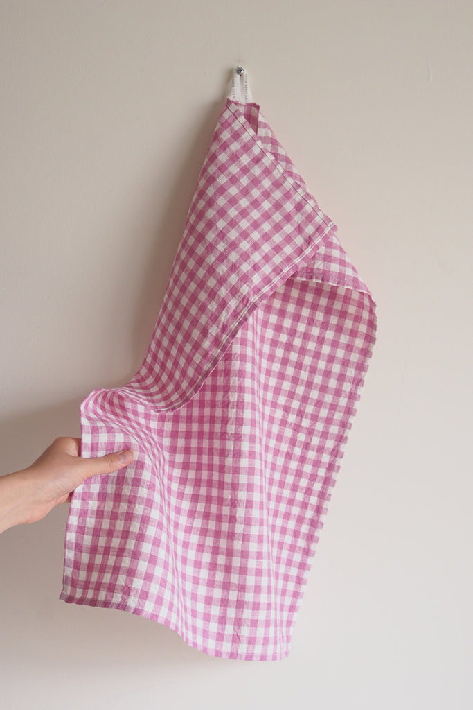 Fog Linen Work - Pink Gingham Linen Tea Towel - Kura Studio