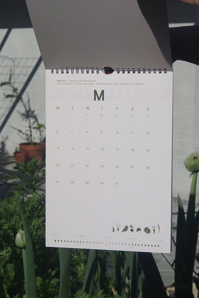 Kura Calendar is being held open to the month of May in a backyard veggie garden. It is a cream background with dark green text. 